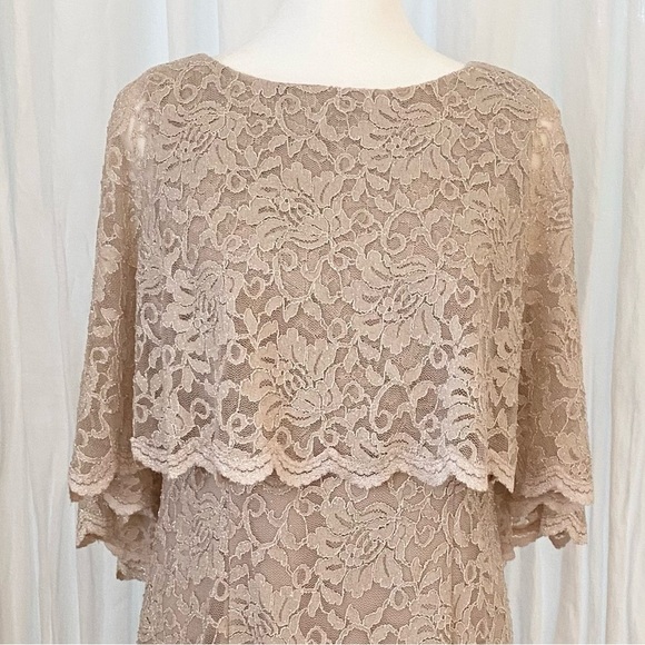 Jessica Howard Scalloped Shimmer Stretch Lace Capelet Dress Champagne 10P - Picture 5 of 9